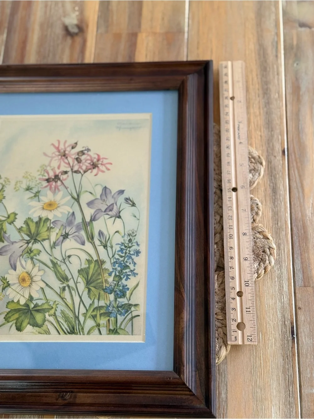 Framed Botanical Print with Blue Mat and Warm Wood Frame